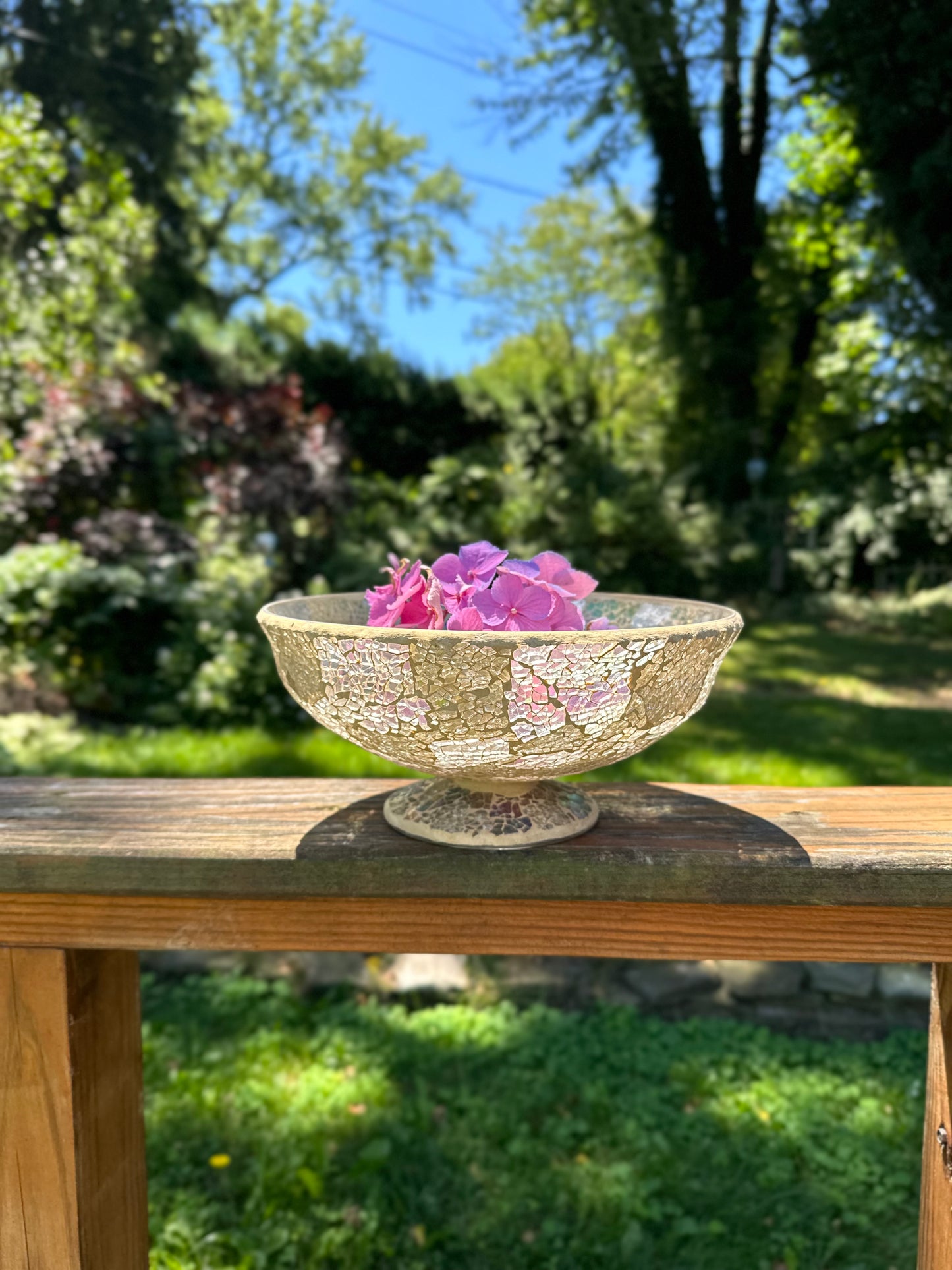 Vintage Mosaic Iridescent Pedestal Bowl