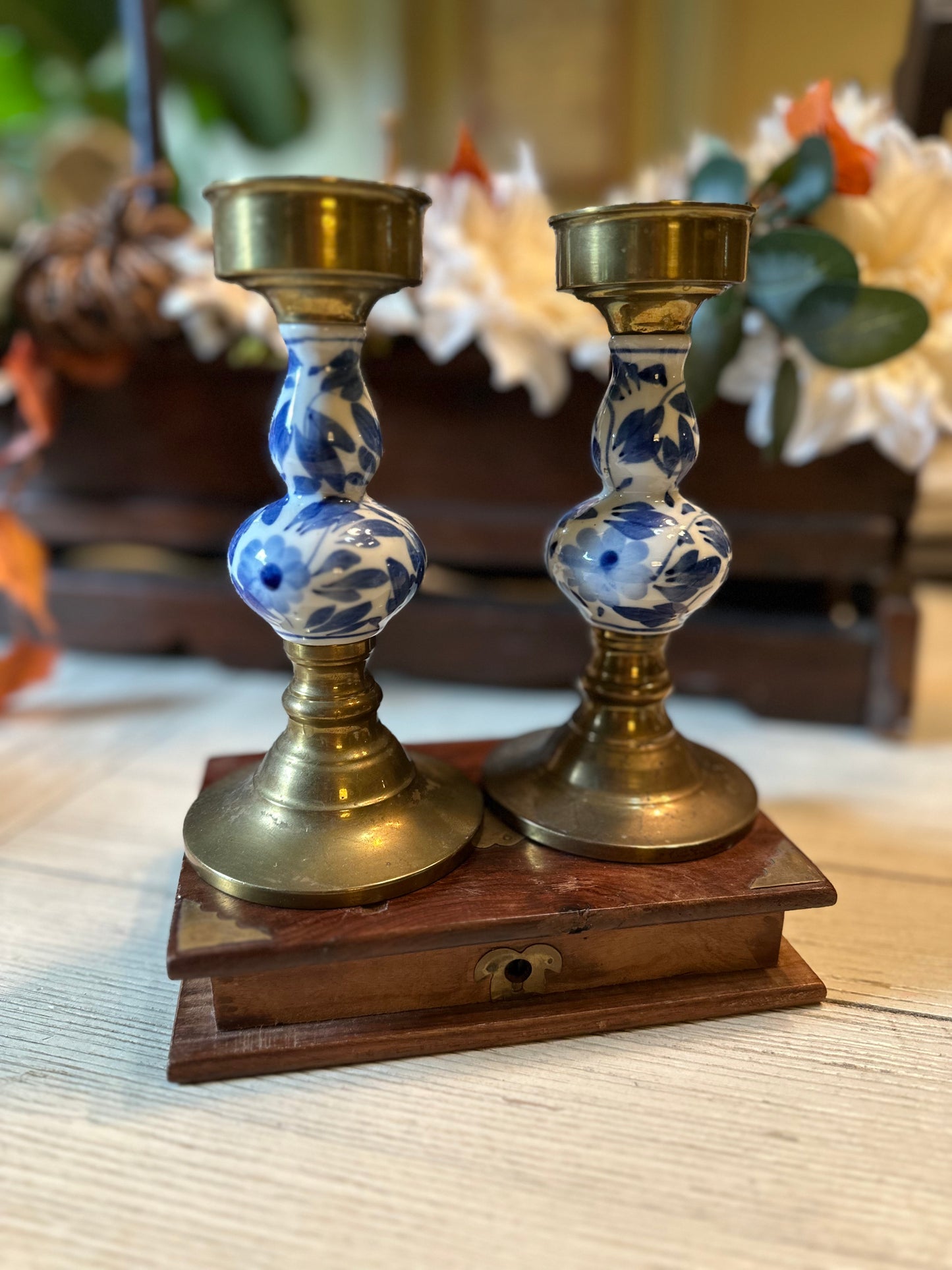 Vintage Bronze and Porcelain Candle Stick Holders