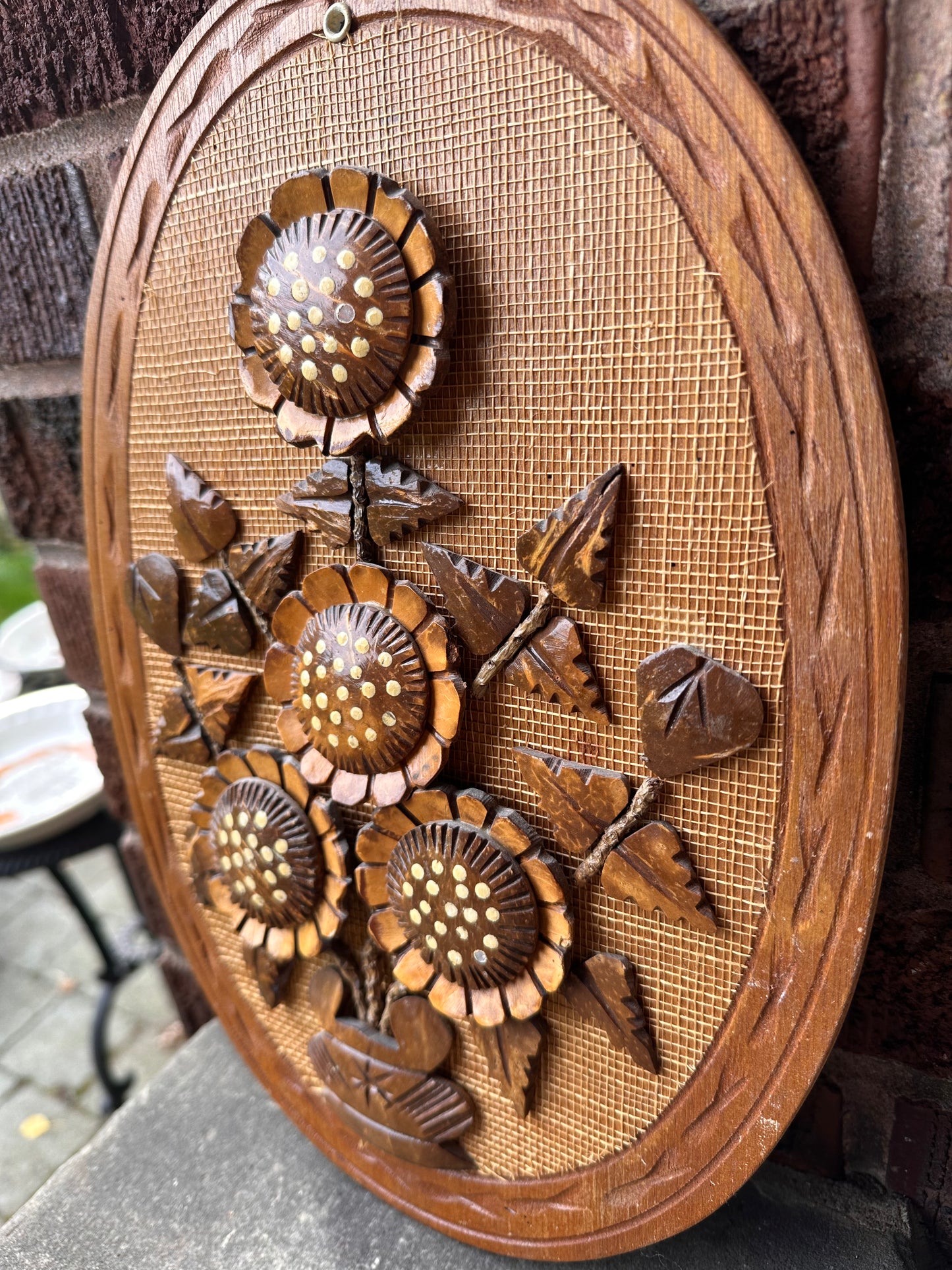 Vintage Hand Carved Sunflower Wall Hanging